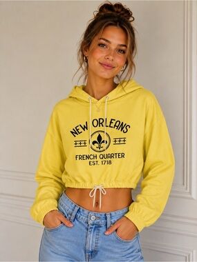 Day Break New Orleans French QuarterYellow Cropped Drawstring Hoodie Size Medium